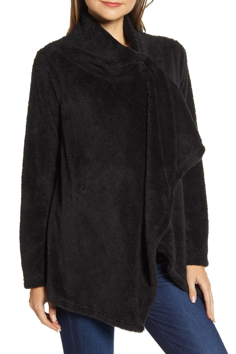 Drape Front Faux Fur Cardigan, Alternate, color, BLACK