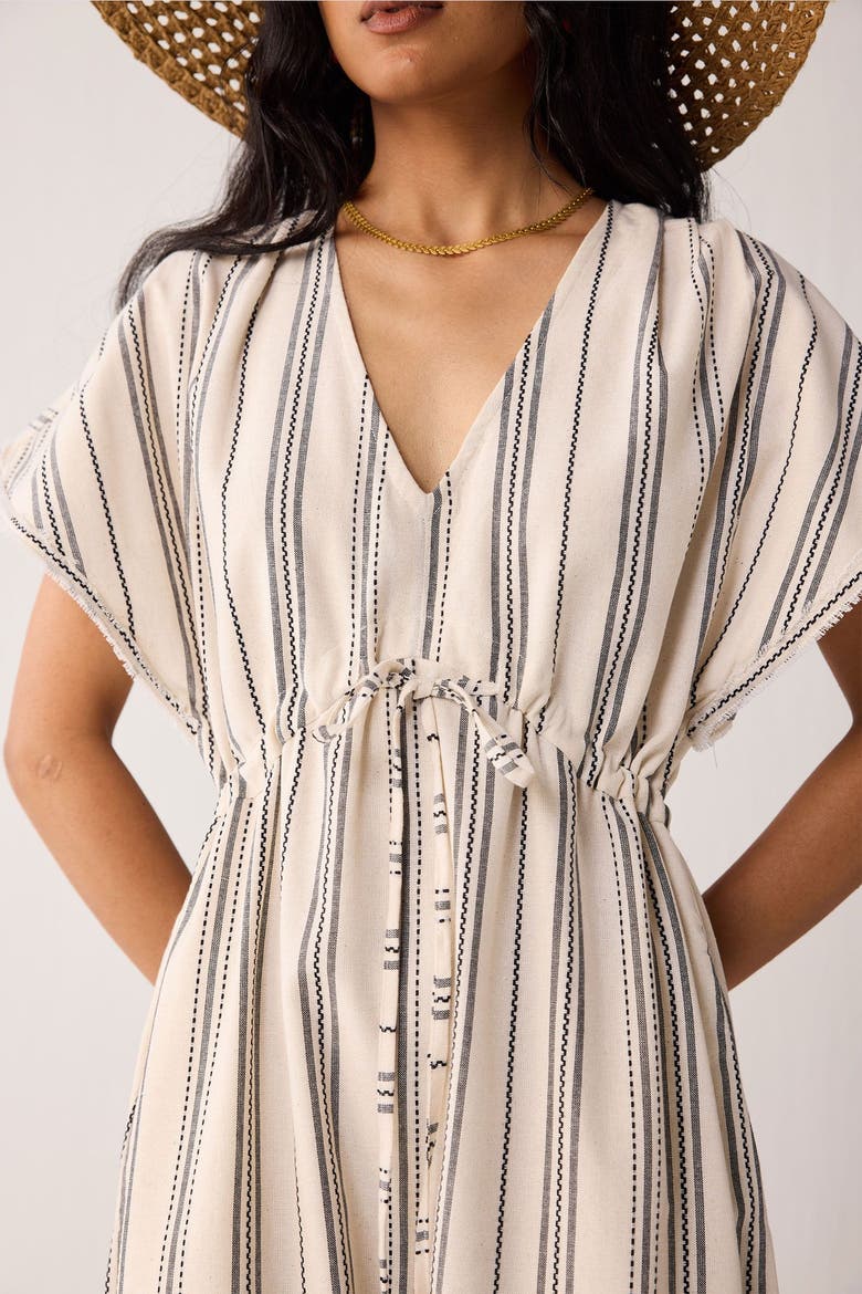 Maxi Gathered Dress with Side Slits in Stripes, Alternate, color, Linear Canvas