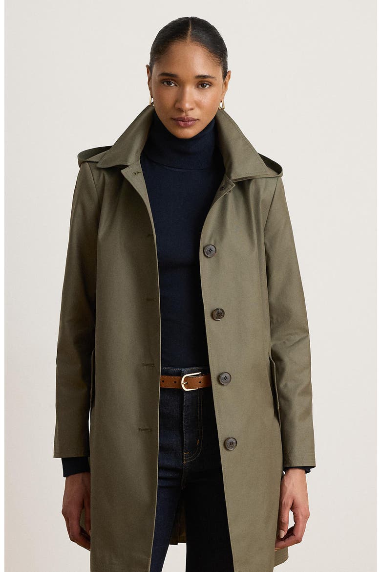 Balmacaan Hooded Raincoat, Alternate, color, OLIVE FERN