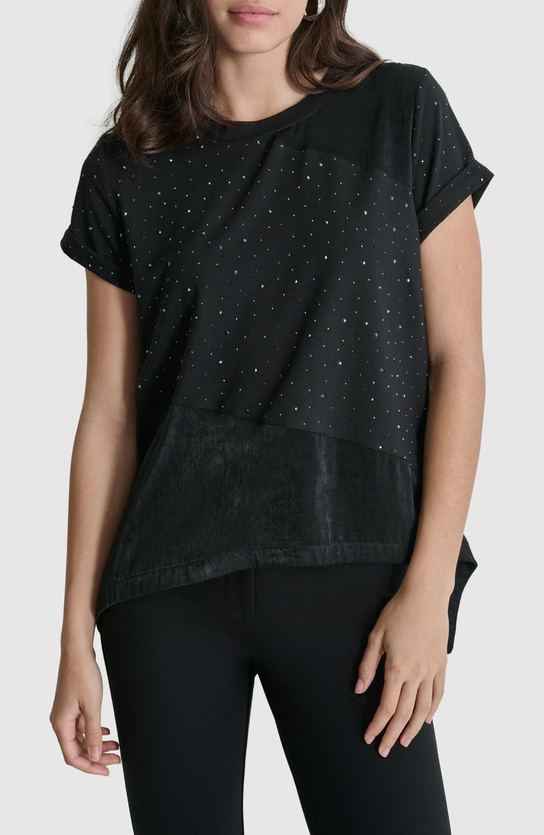 DKNY Studded Mixed Media T-Shirt, Main, color, 