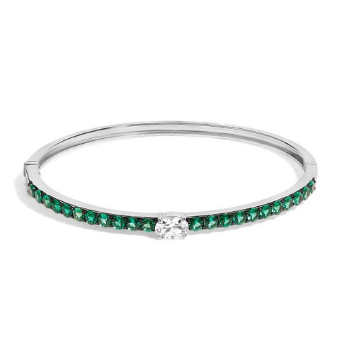 Silver Created Sapphire and Emerald Semi Eternity Bangle Bracelet