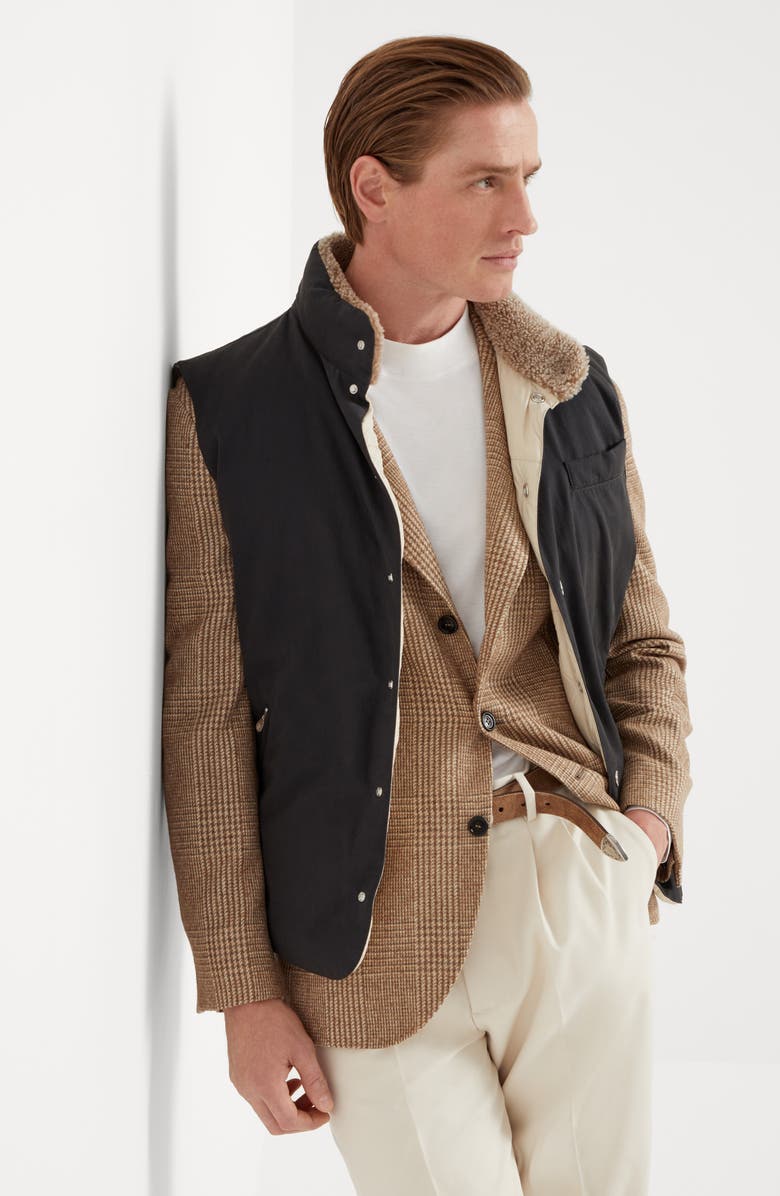 Brunello Cucinelli Techno cotton gabardine down vest with shearling insert, Alternate, color, 