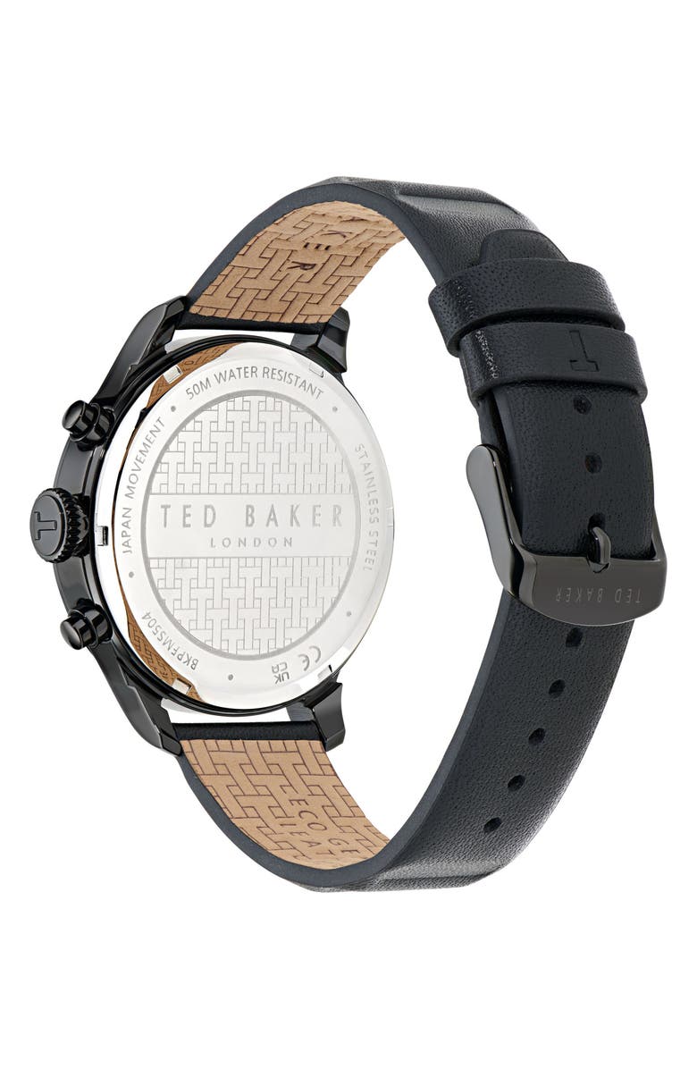 Ted Baker Fulmaar Chronograph Leather Strap Watch, 44mm, Alternate, color, Black