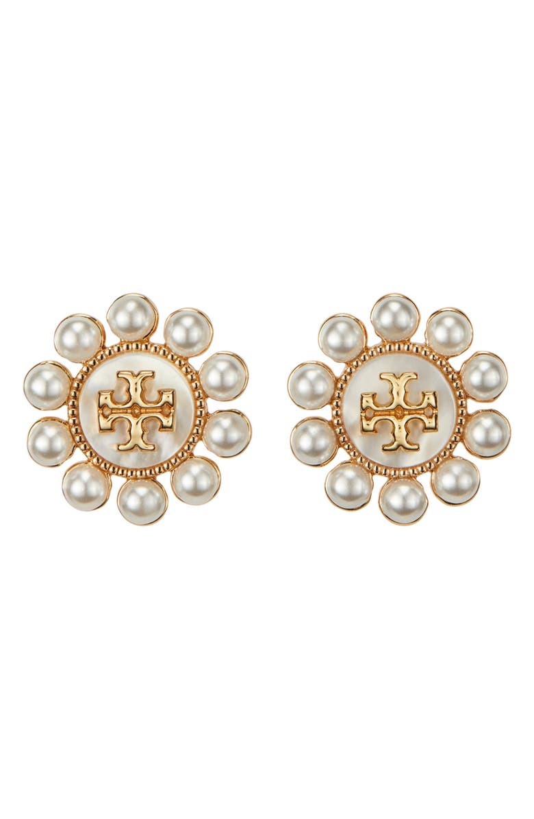 Tory Burch Kira Imitation Pearl Logo Stud Earrings, Main, color, 