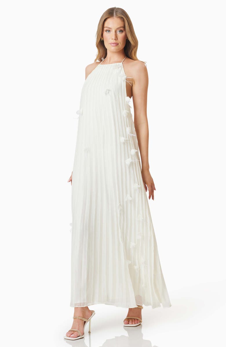 Elliatt Emelia Floral Appliqué Pleated Georgette Halter Maxi Dress, Alternate, color, Ivory