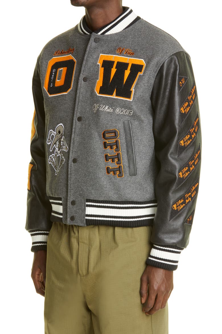 Logo Leather Sleeve Varsity Jacket, Alternate, color, MEDIUM GREY MULTICOLOR