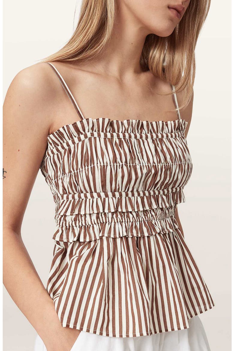 Kali Stripe Smocked Cotton Peplum Tank, Alternate, color, PENNY BROWN/ WHITE