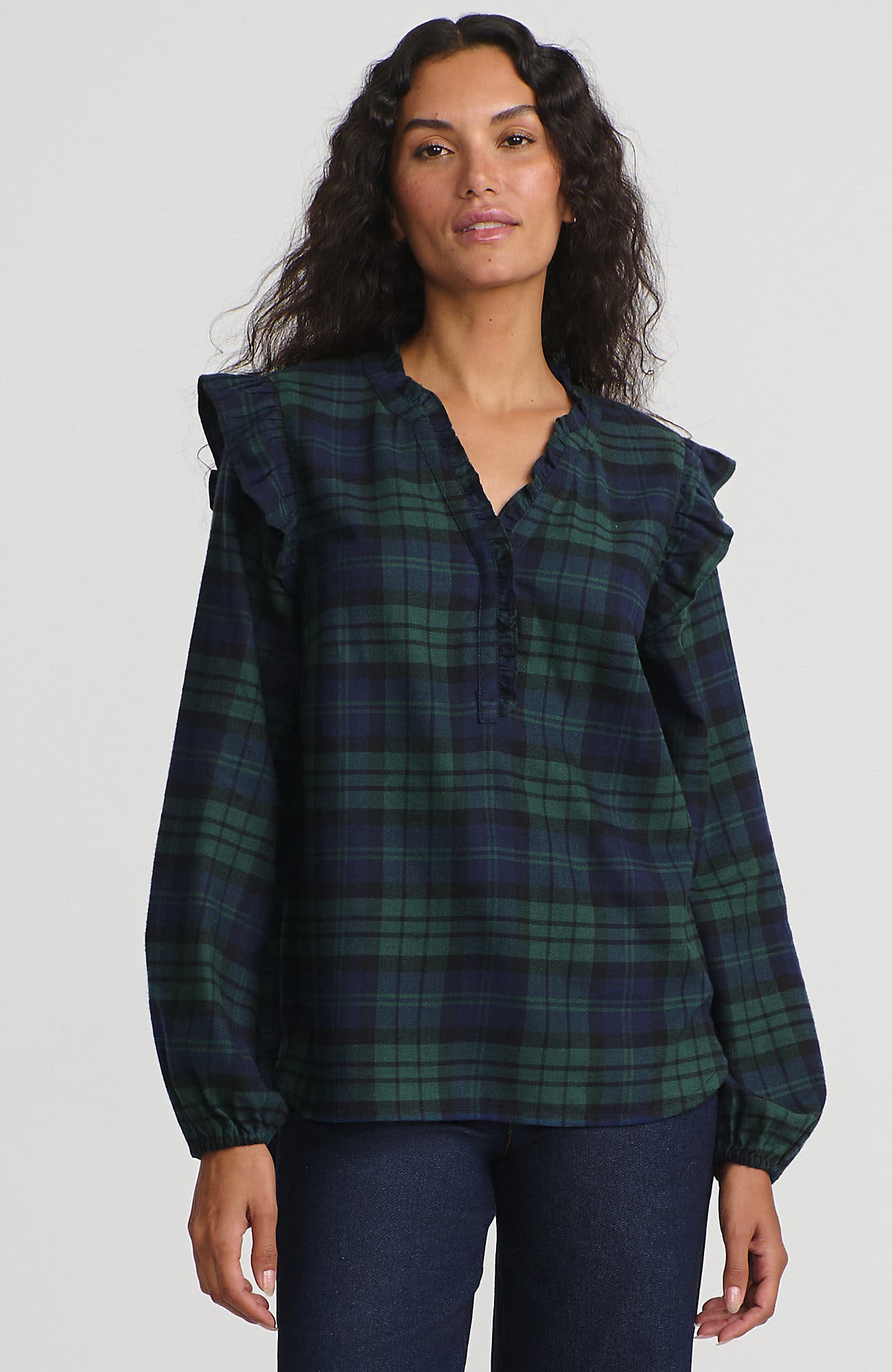 Ruffle Front Flannel Popover Blouse