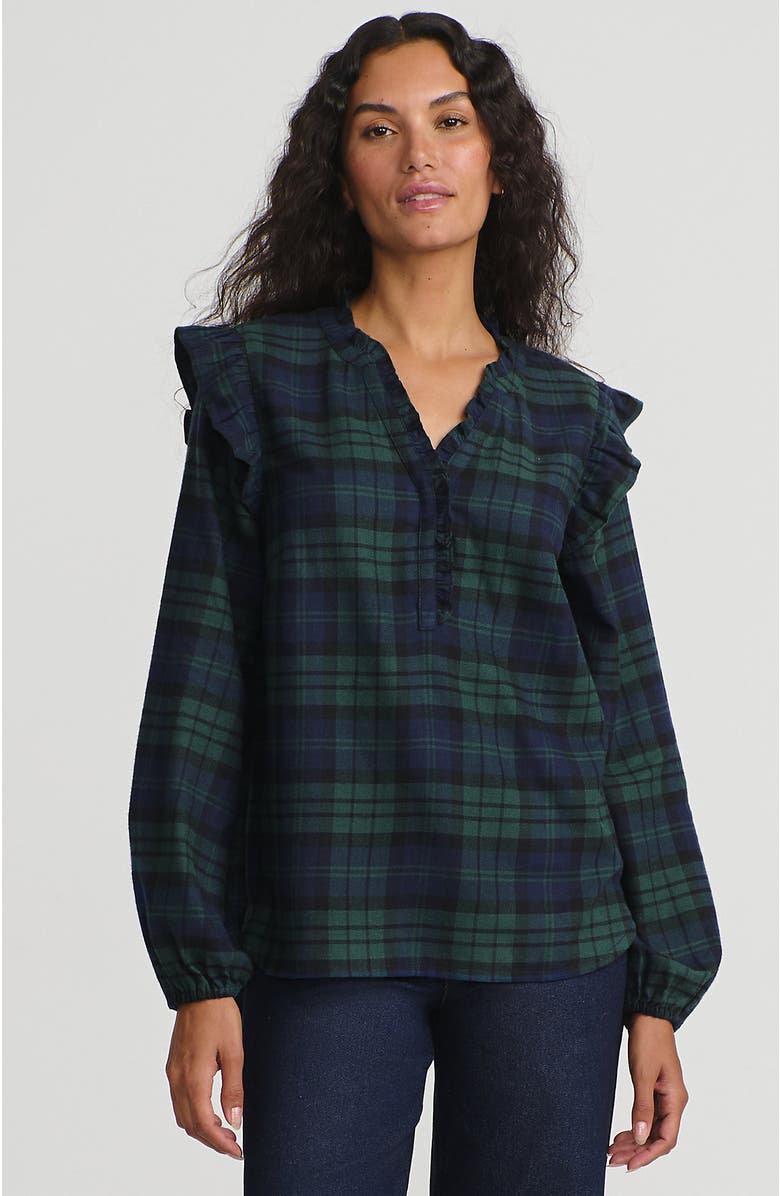 Lands' End Ruffle Front Flannel Popover Blouse, Main, color, Deep Forest Blackwatch Plaid