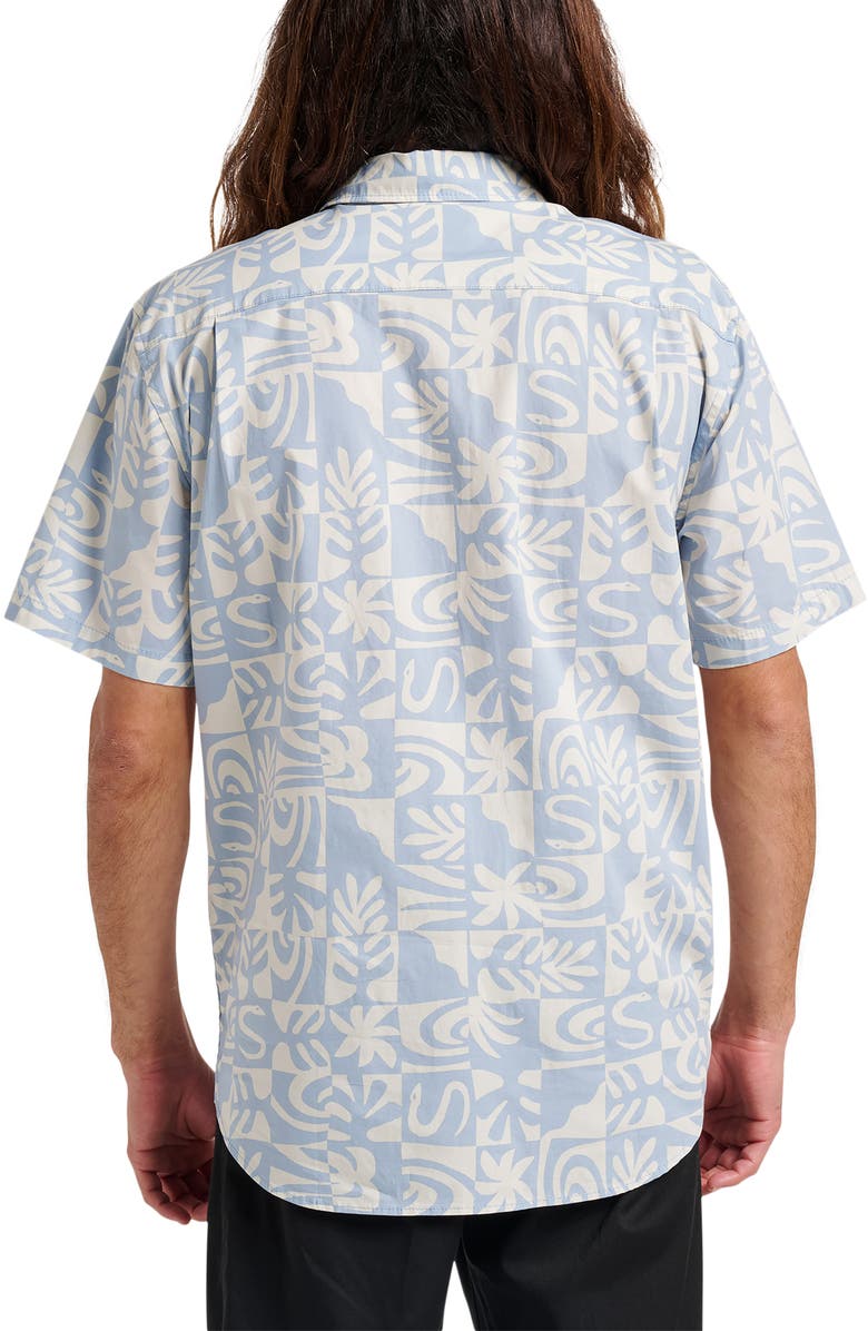 Quiksilver Terra Classic Abstract Print Short Sleeve Stretch Cotton Button-Up Shirt, Alternate, color, Ashley Blue