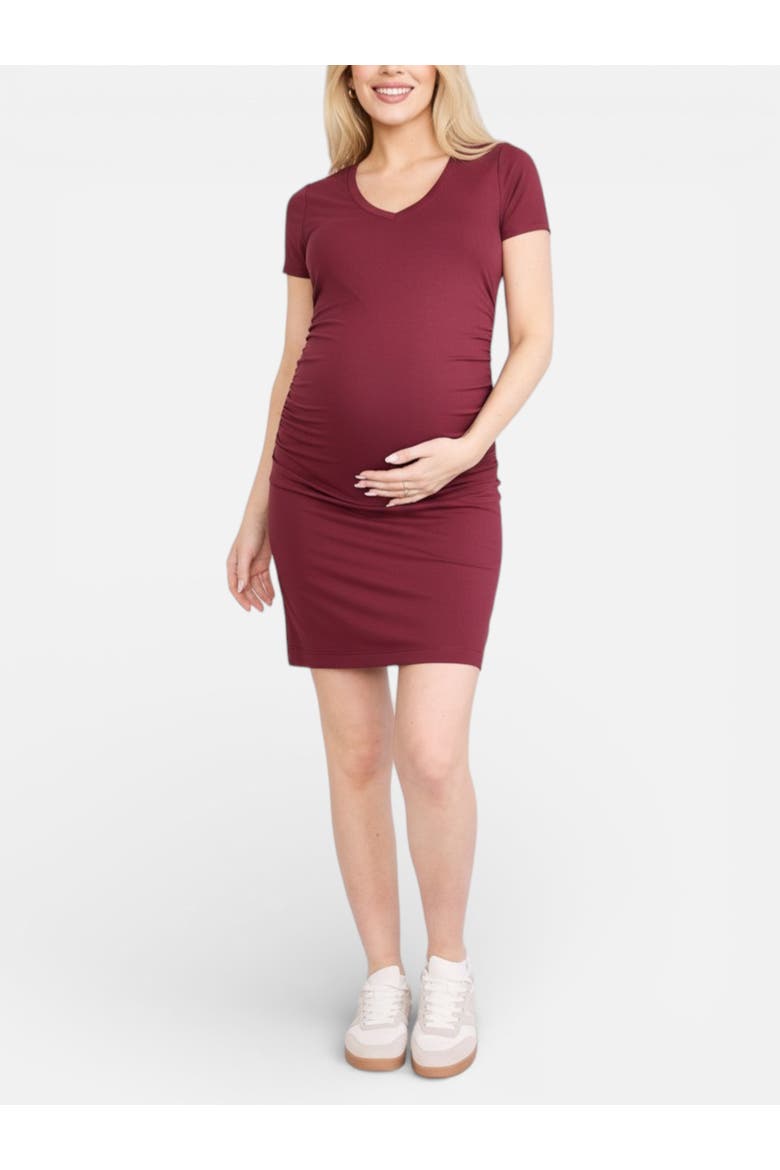 V-Neck Short Sleeve Side Ruched Bodycon Mini Dress, Main, color, Mauve Wine