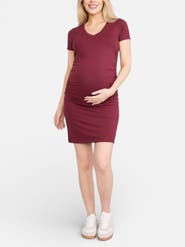 MOTHERHOOD MATERNITY V-Neck Short Sleeve Side Ruched Bodycon Mini Dress