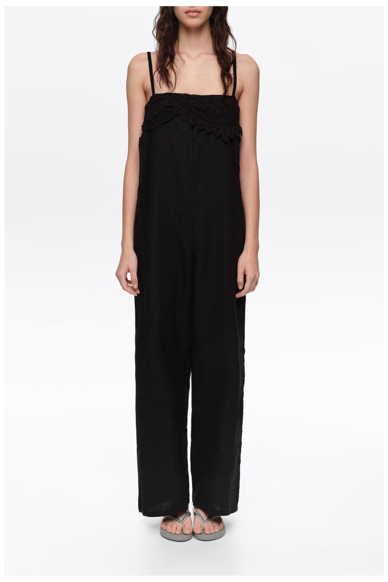 Linen Crochet Neckline Jumpsuit, Alternate, color, BLACK
