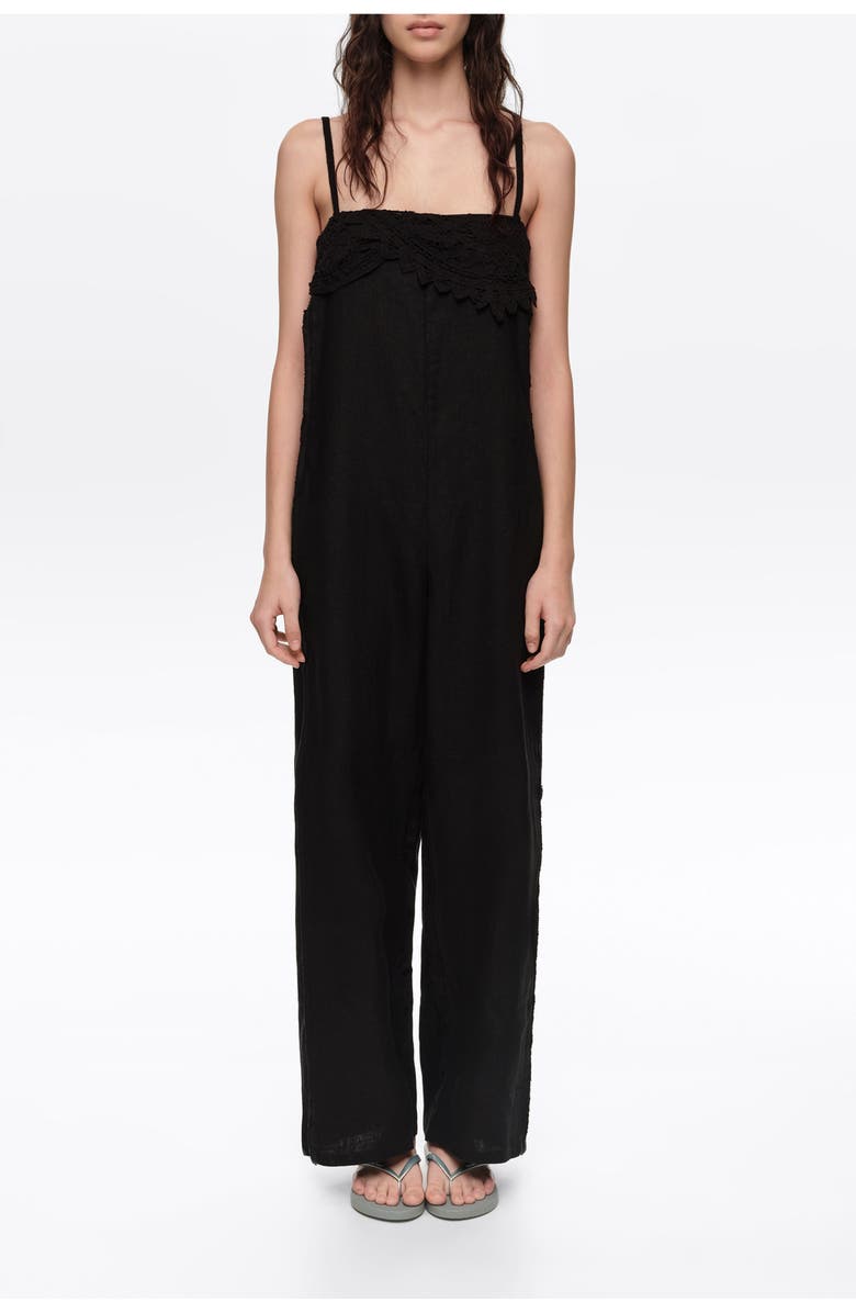 Bimba y Lola Linen Crochet Neckline Jumpsuit, Alternate, color, Black