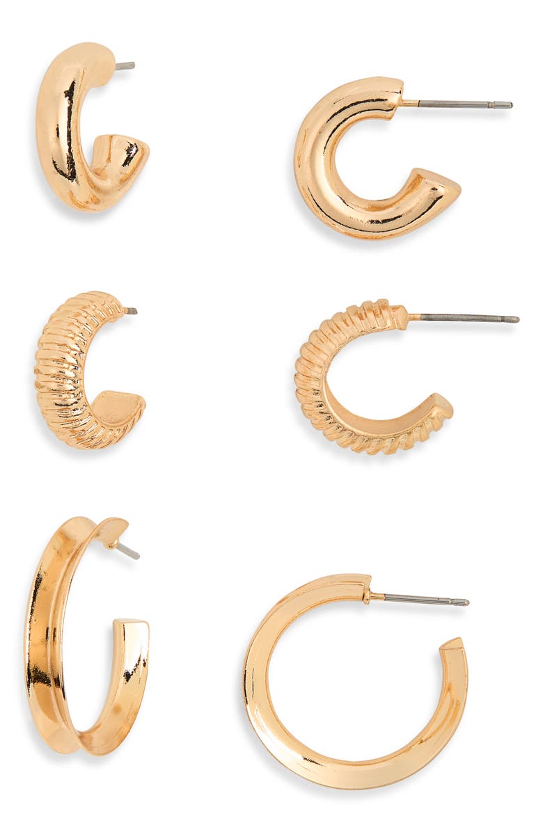 NORDSTROM RACK 3-Pack Assorted Hoop Earrings, Main, color, Gold