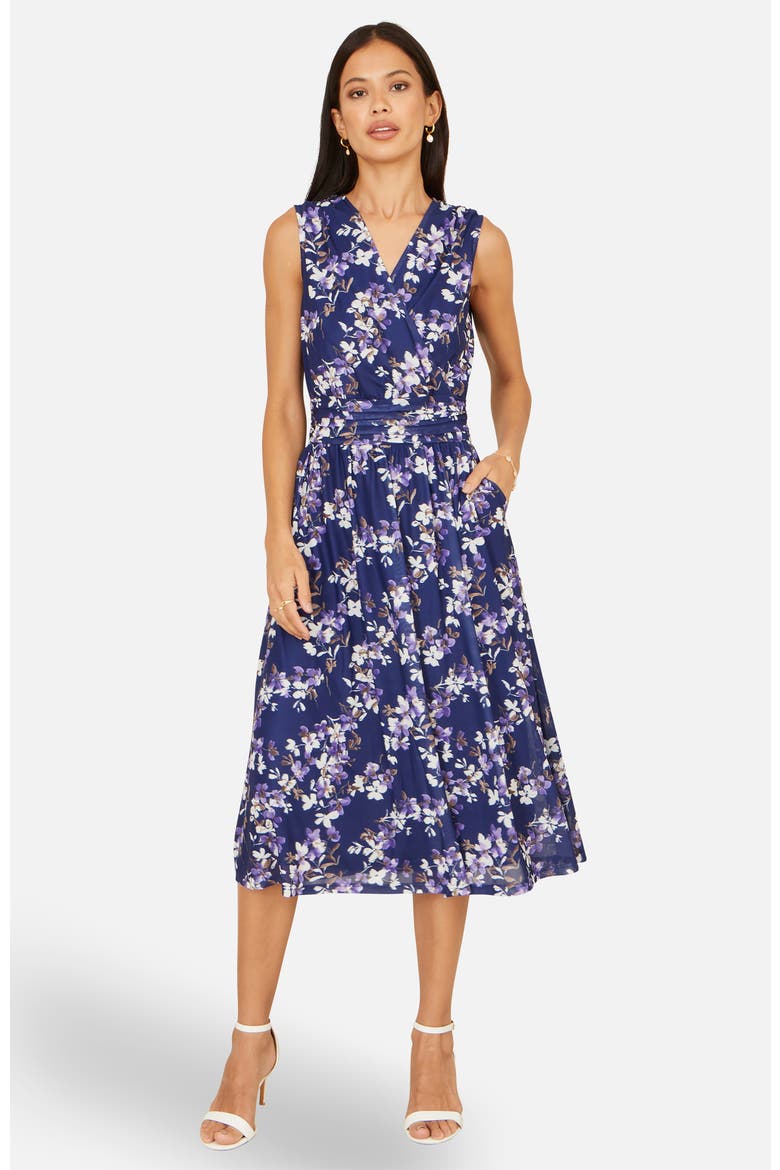 Blossom Print Mesh Stretch Midi Dress, Alternate, color, Navy