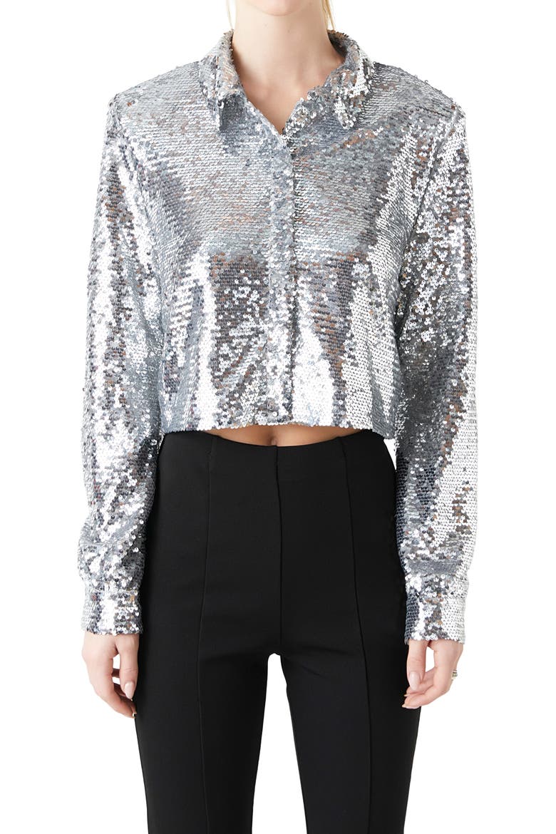 Sequin Hidden Placket Crop Button-Up Shirt, Alternate, color, SILVER