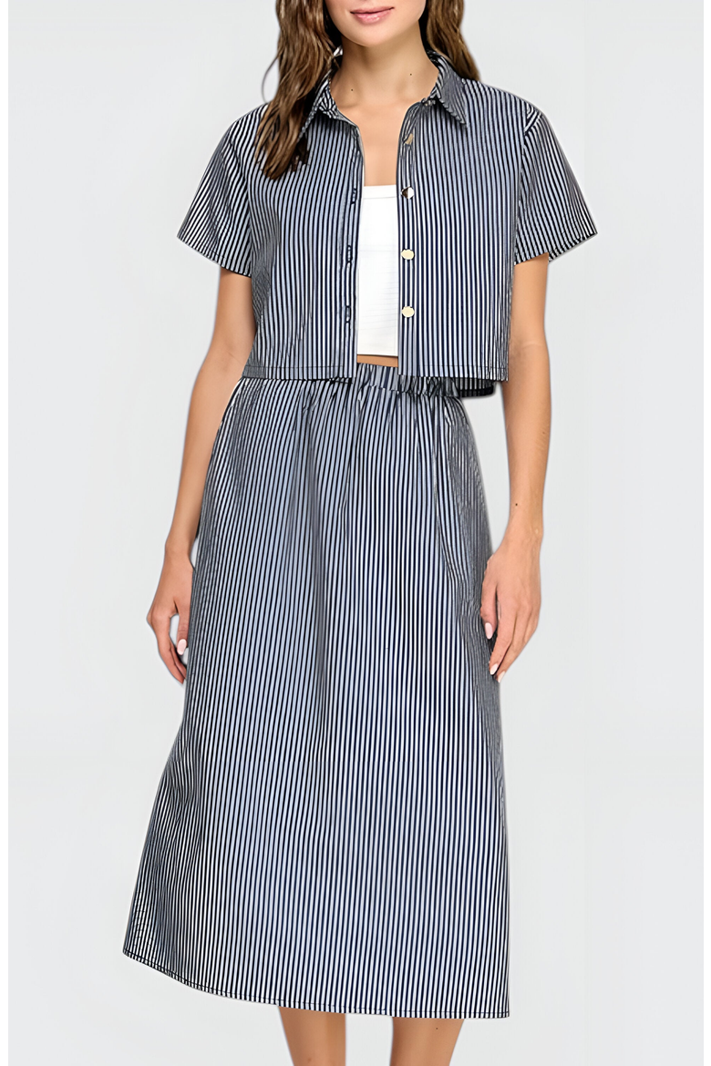 Striped Cropped Button-Up Shirt and Midi Skirt Set with Short Sleeves, Alternate, color, Blue / White Stripes