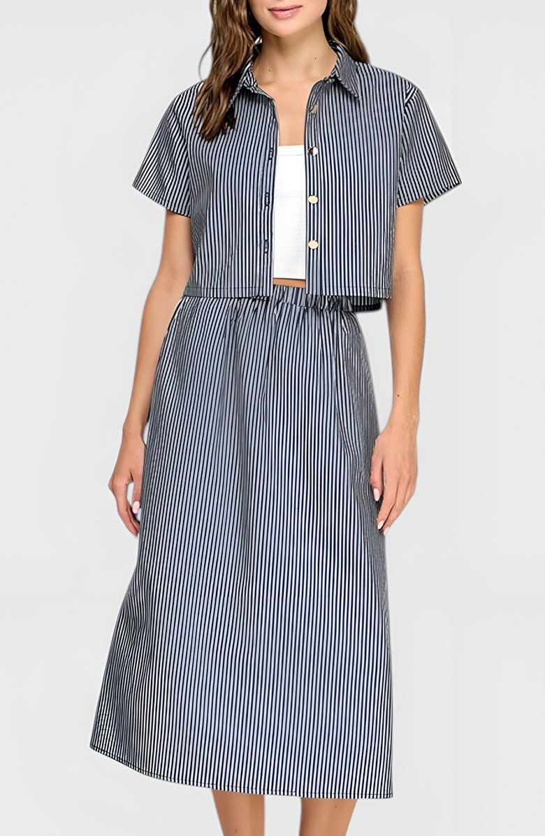 Modenaire Striped Cropped Button-Up Shirt and Midi Skirt Set with Short Sleeves, Alternate, color, Blue / White Stripes