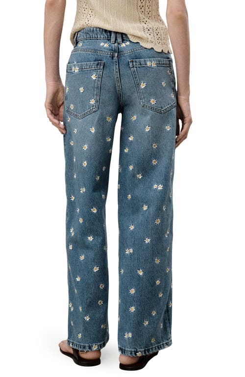 Mango Massy Daisy Embroidered Wide Leg Jeans In Medium Blue