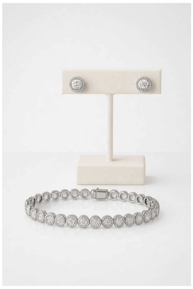Moissanite Tennis Bracelet & Stud Earring Set, Main, color, SILVER PLATED
