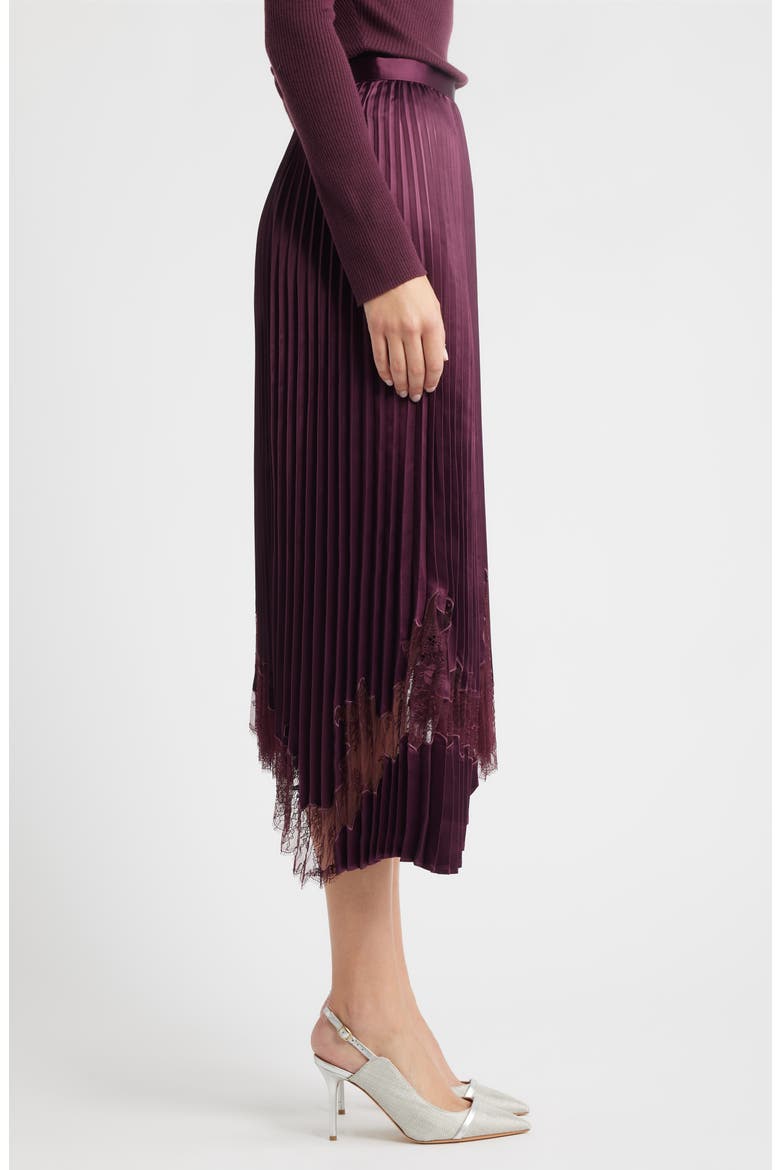 Velacey Lace Detail Pleated Asymmetric Satin Skirt, Alternate, color, DK PRPLE