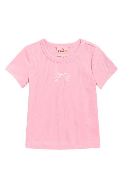 Kids' Embroidered Bow Ribbed T-Shirt