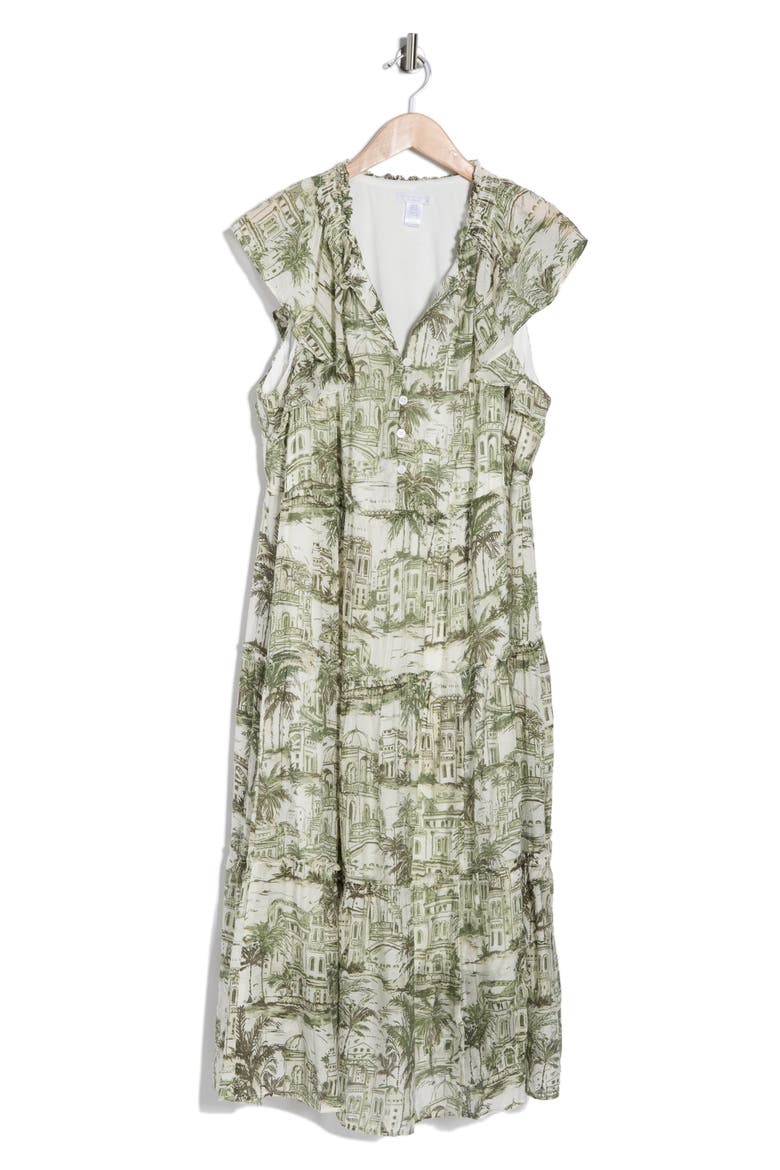 Flutter Sleeve Midi Dress, Alternate, color, PESTO/ CREAM