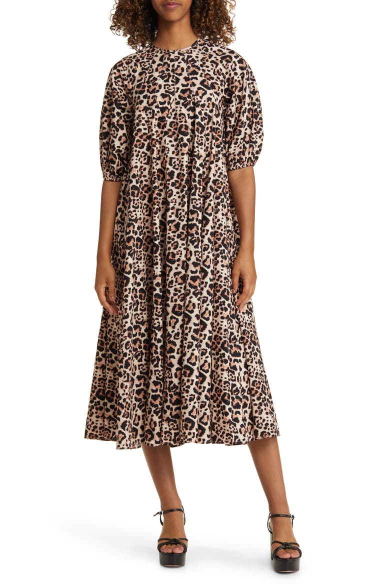 Animal Print Cotton Trapeze Midi Dress, Main, color, BLACK MULTI