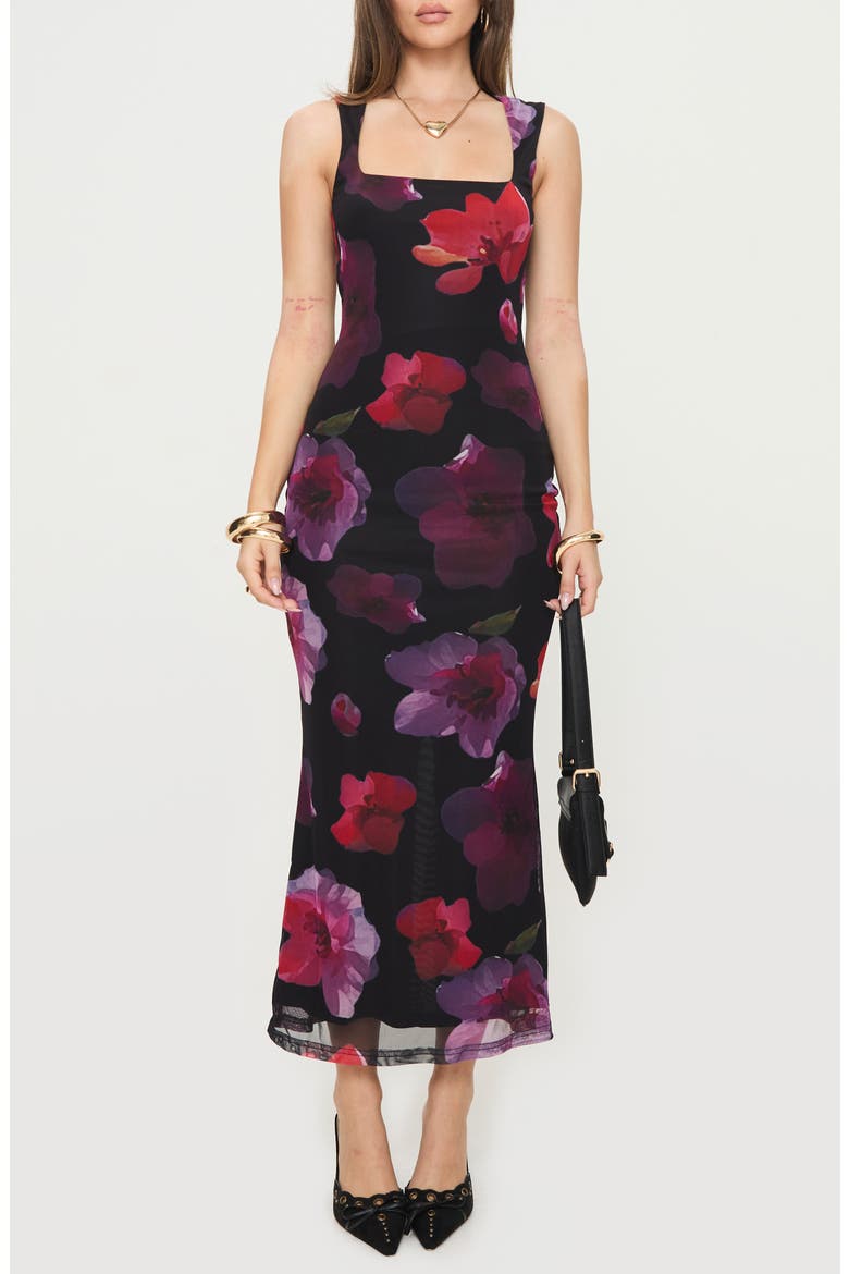 Eviana Floral Mesh Maxi Dress, Main, color, BLACK