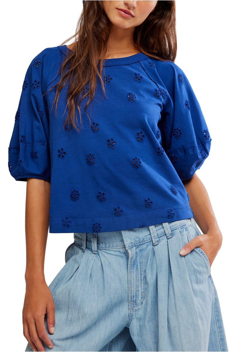 Jessie Eyelet Puff Sleeve Top, Main, color, NAVY COMBO