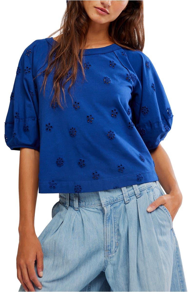 Free People Jessie Eyelet Puff Sleeve Top, Main, color, Navy Combo