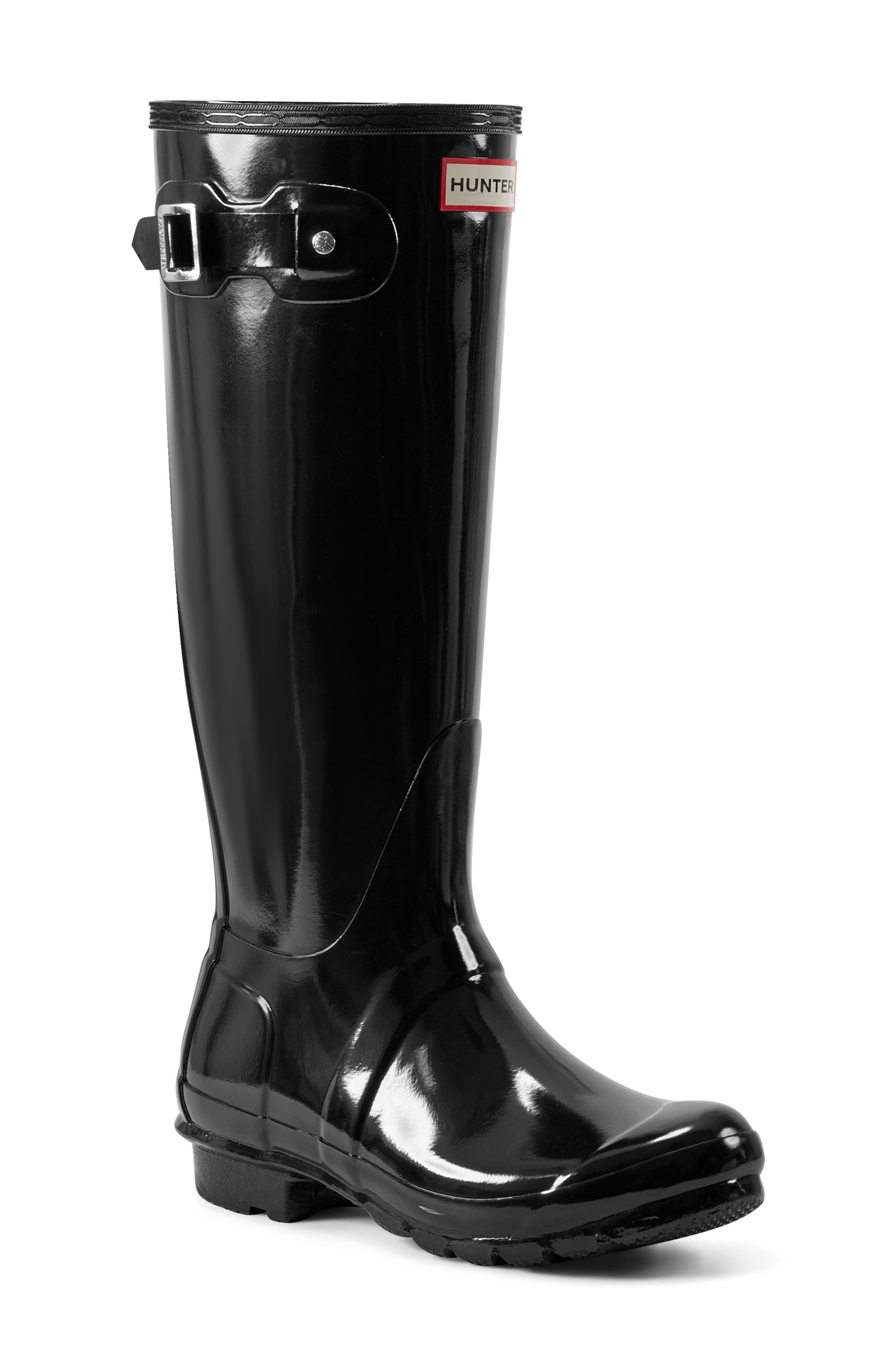 Hunter Refined Tall Gloss Waterproof Rain Boot, Main, color, Black