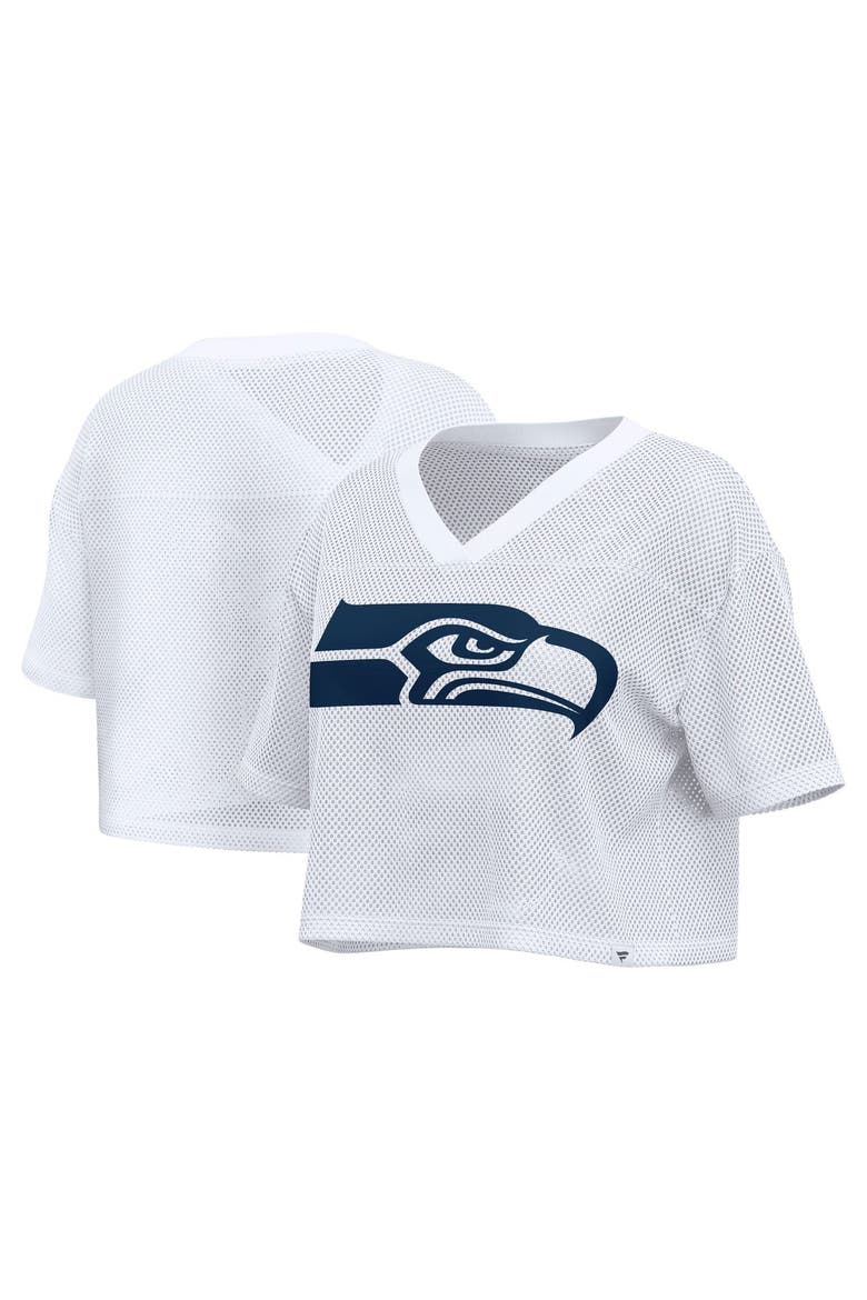 Women's Fanatics White Seattle Seahawks Oversized Mesh Cropped V-Neck Jersey, Main, color, White
