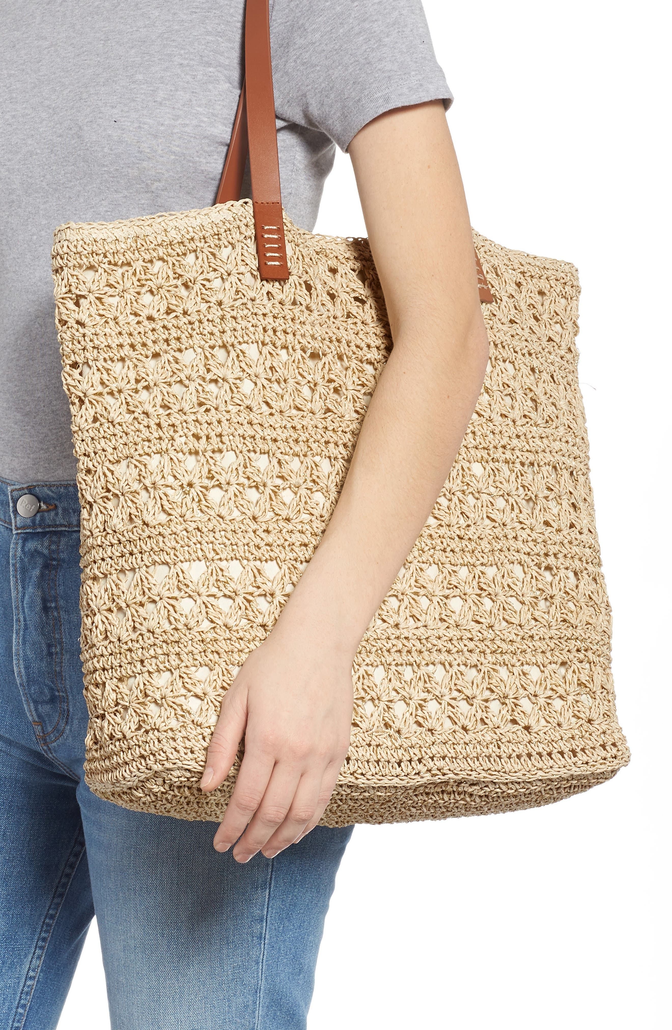 Nordstrom Packable Metallic Thread Woven Raffia Tote, Alternate, color, 