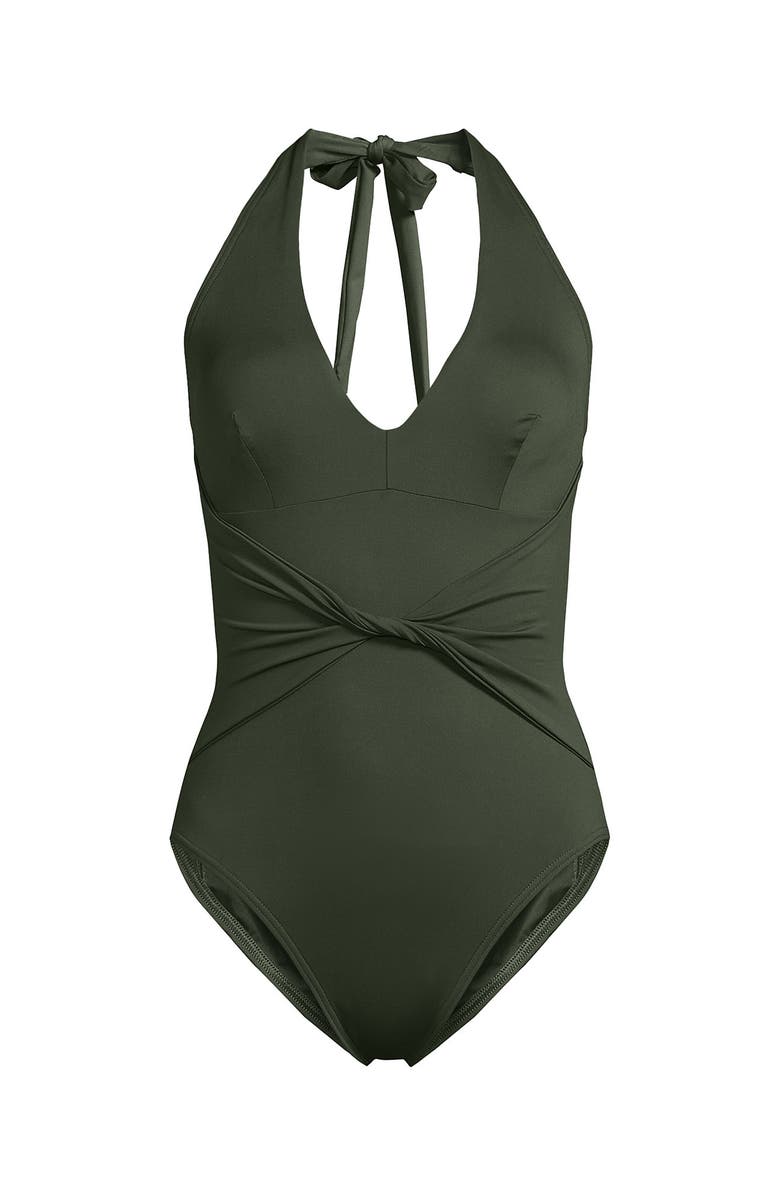 Lands' End Sculpting Suit Plunge Halter High Leg One Piece Swimsuit, Alternate, color, Rich Olive Green