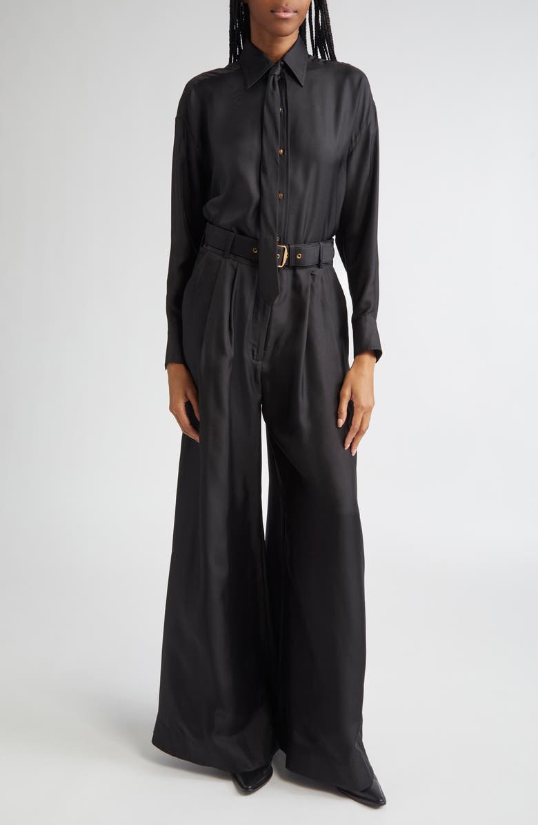 Zimmermann Belted Pleated Wide Leg Silk Trousers, Alternate, color, Black