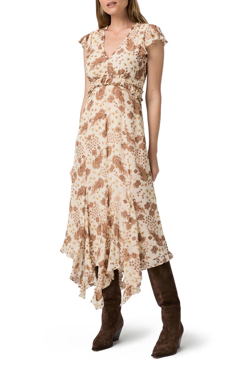 Eleonora Ruffle Print Silk Midi Dress, Main, color, ECRU MULTI