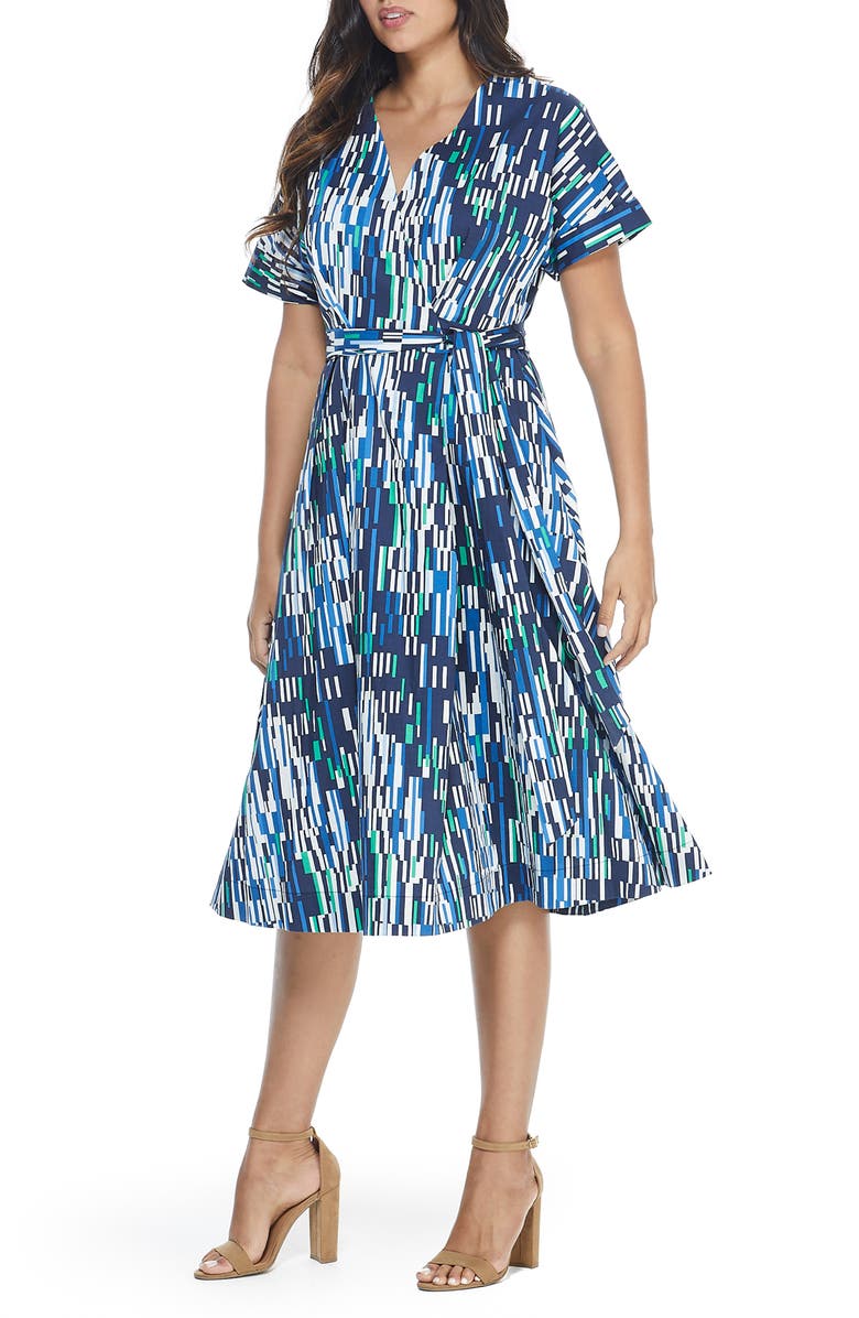 Maggy London Geo Print Wrap Midi Dress, Alternate, color, 