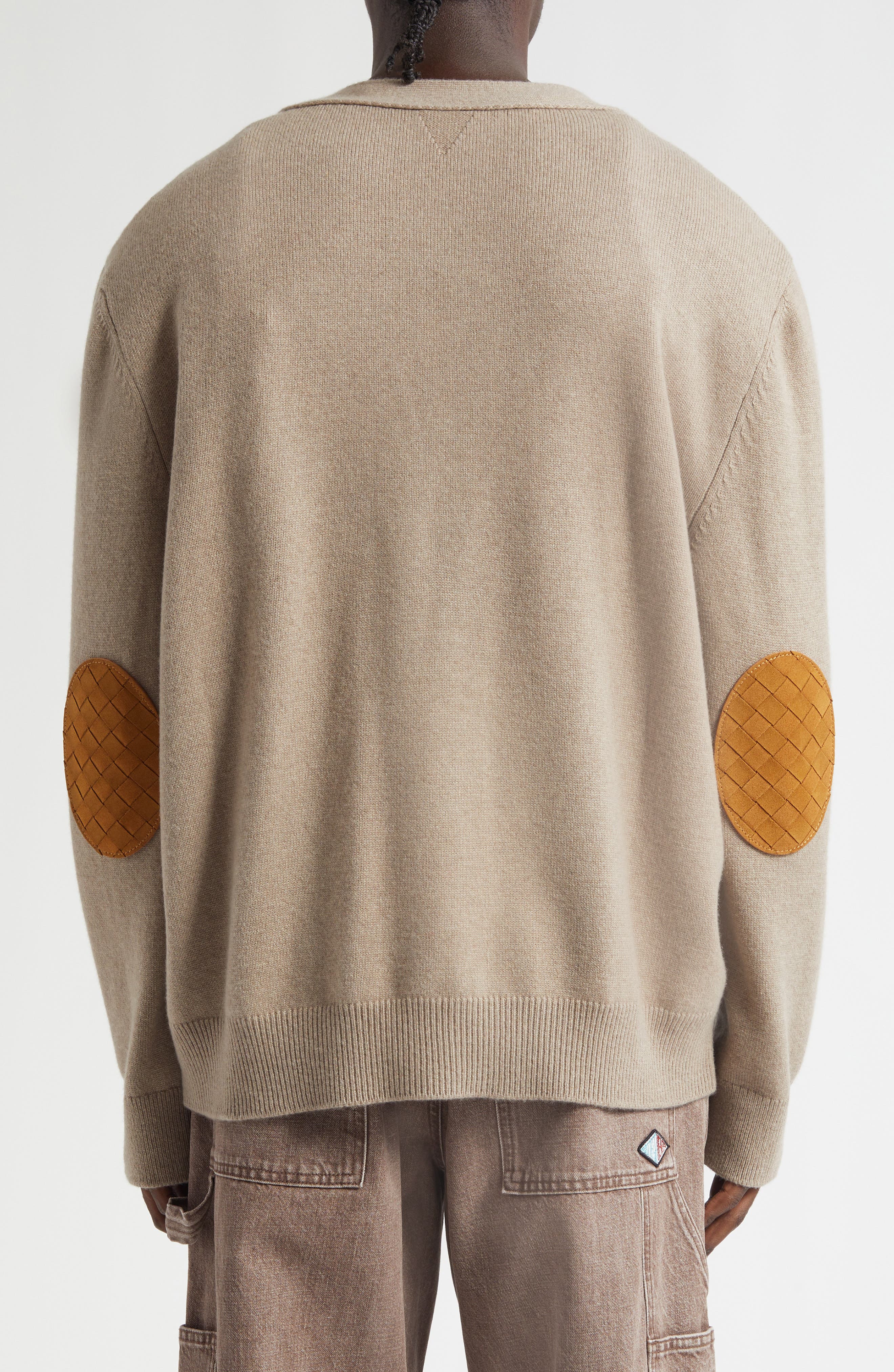 Classic Cashmere Blend V-Neck Cardigan with Intrecciato Leather
