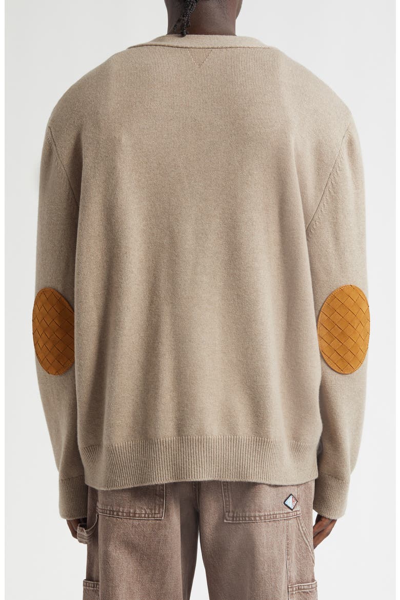 Classic Cashmere Blend V-Neck Cardigan with Intrecciato Leather Elbow Patches, Alternate, color, 9713 BEIGE