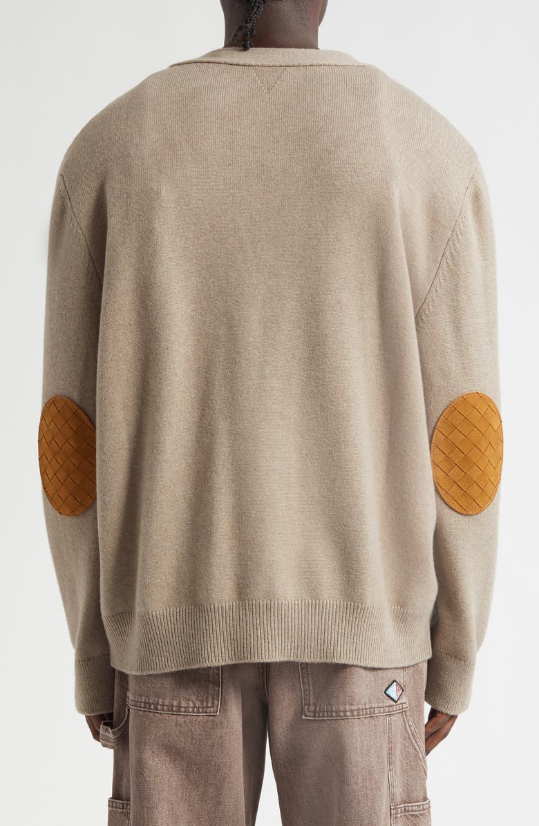 Bottega Veneta Classic Cashmere Blend V-Neck Cardigan with Intrecciato Leather Elbow Patches, Alternate, color, 9713 Beige