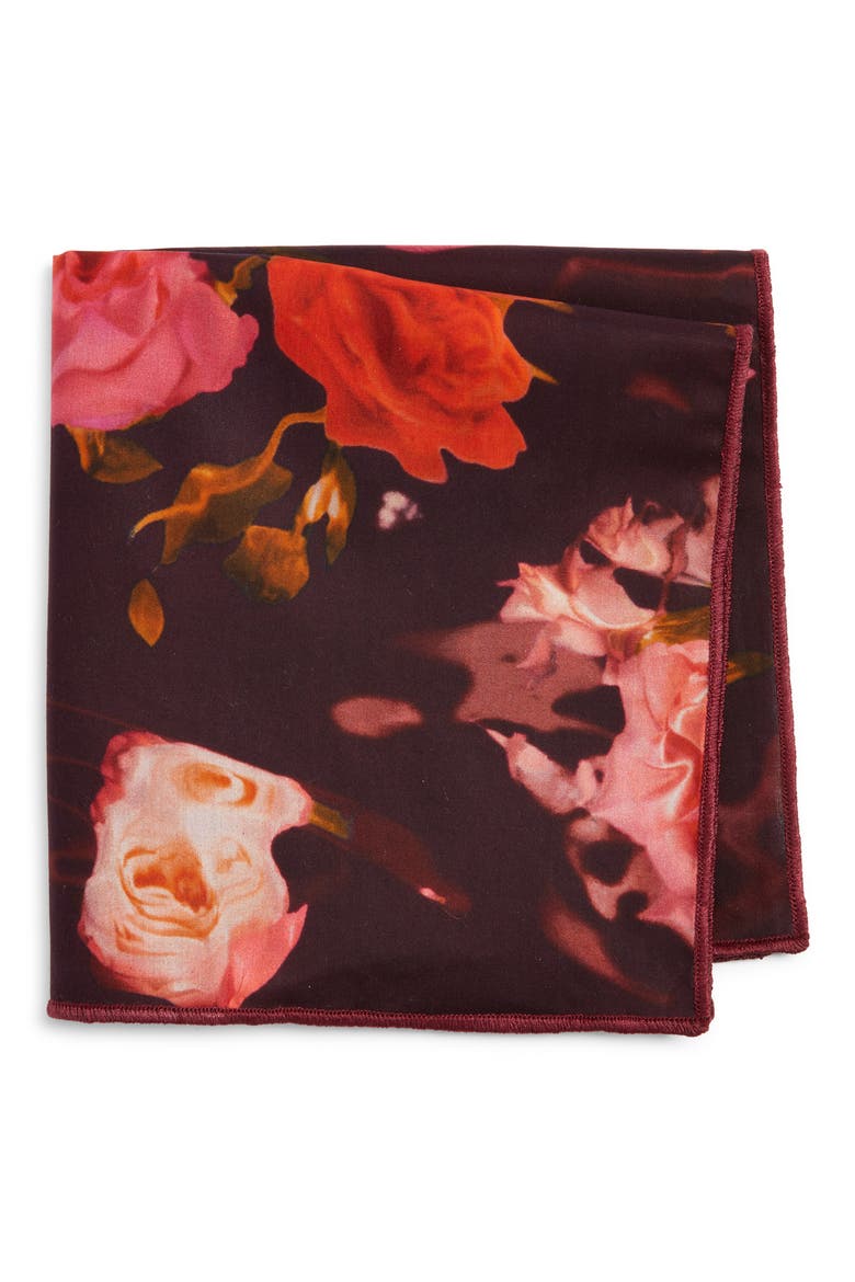 Floral Cotton Pocket Square, Main, color, BURGUNDY