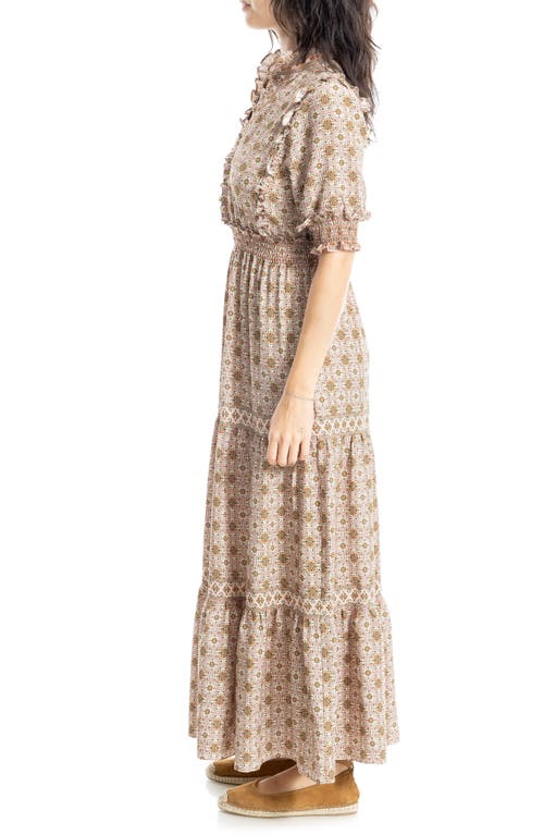 Max Studio Floral Short Sleeve Tiered Maxi Dress In Blush/olive Curvy Cube