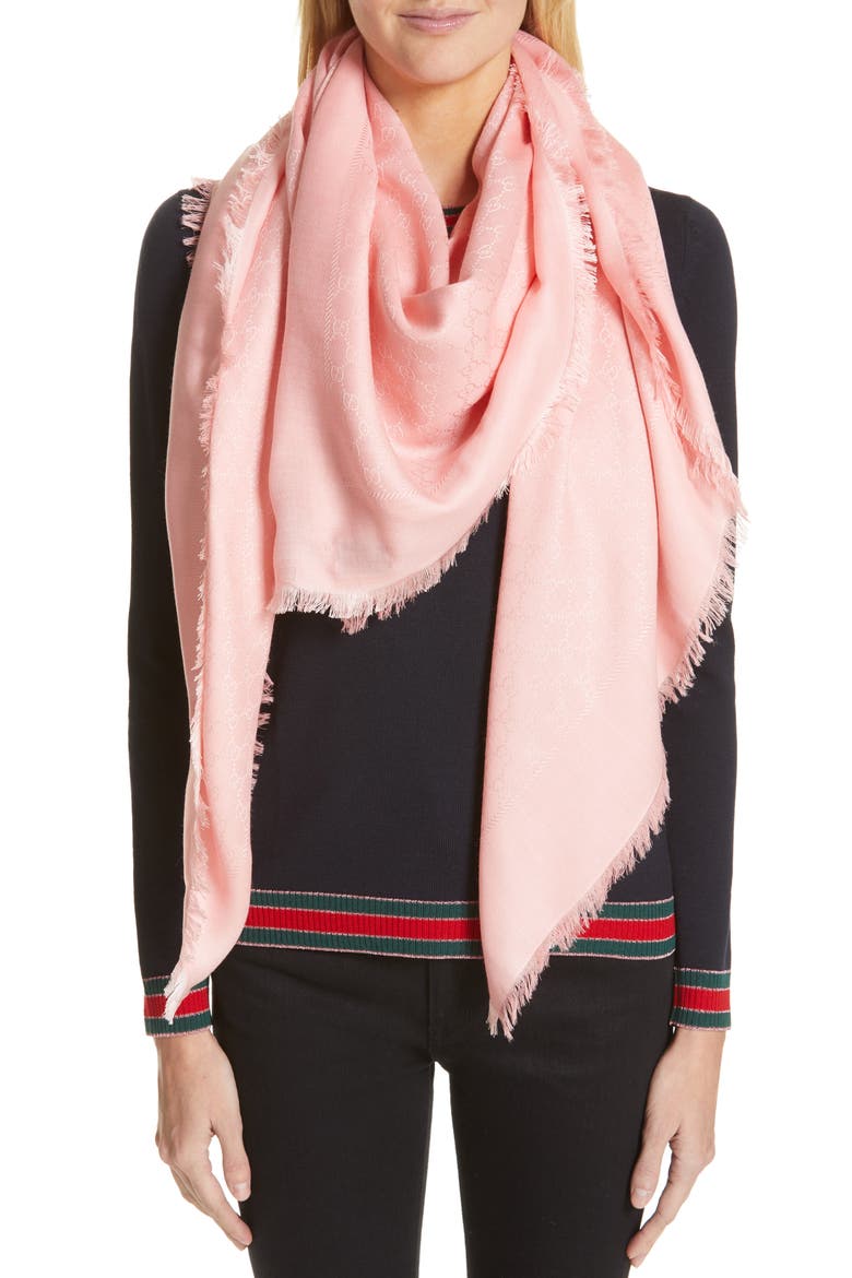 Ataria GG Logo Jacquard Silk & Wool Scarf, Alternate, color, POWDER