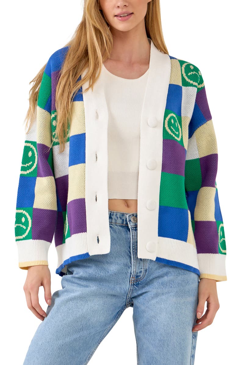 Grey Lab Smiley Colorblock Cotton Cardigan, Main, color, 