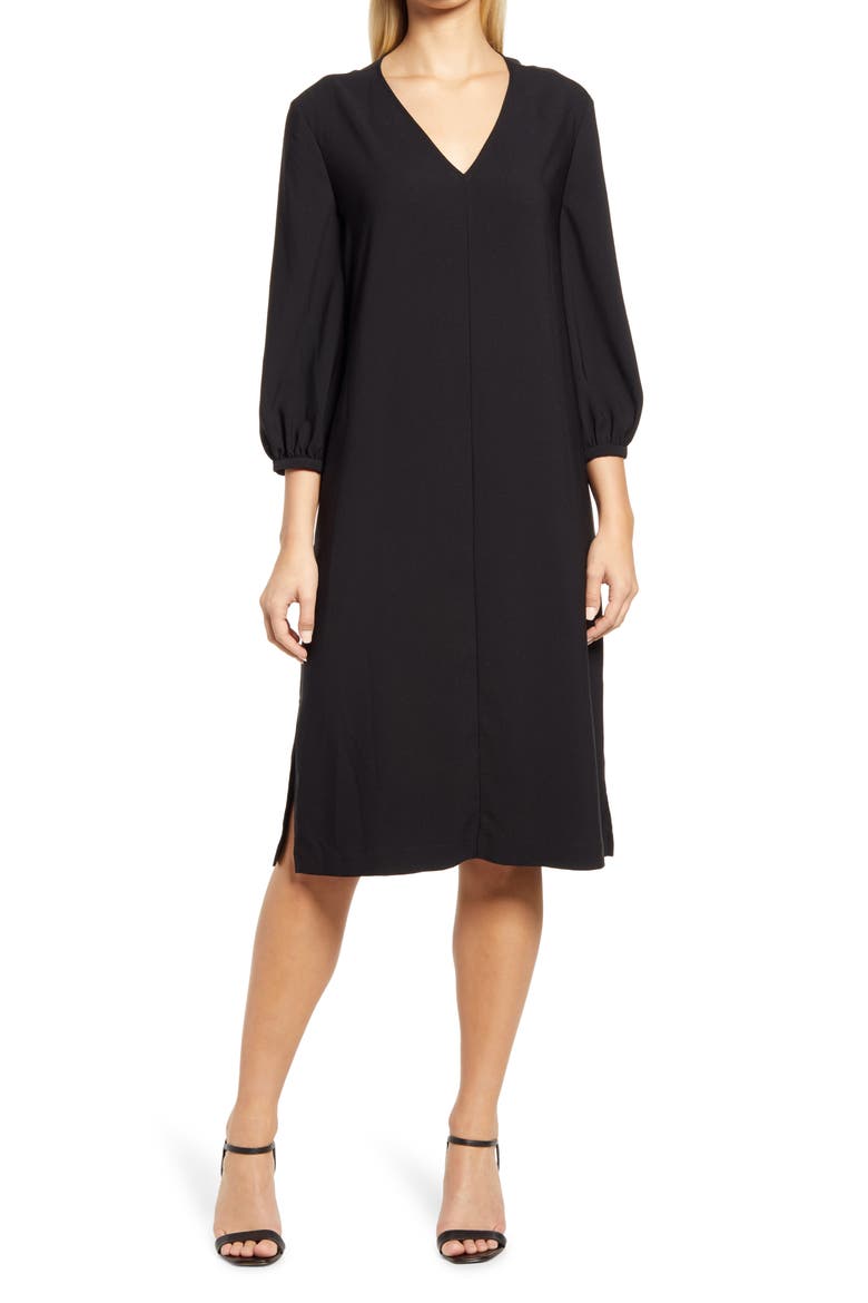 V-Neck Blouson Sleeve Dress, Main, color, BLACK