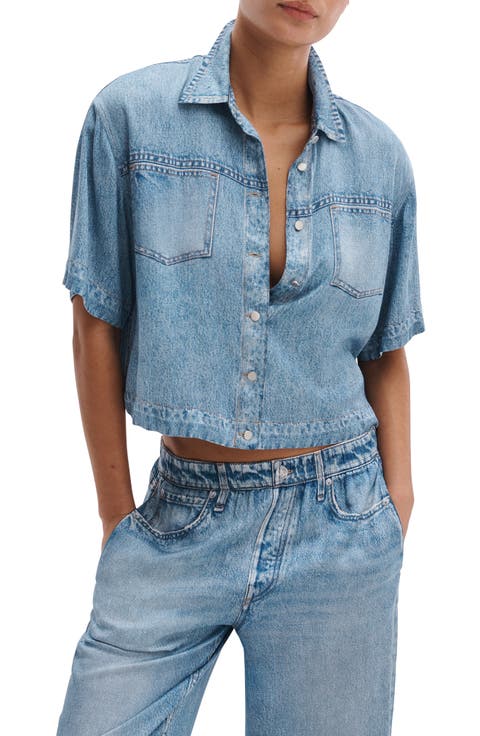 rb Miramar Slink Lounge Abby Trompe L'Oeil Faux Denim Crop Button-Up Shirt
