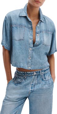 rag & bone rb Miramar Slink Lounge Abby Trompe L'Oeil Faux Denim Crop Button-Up Shirt