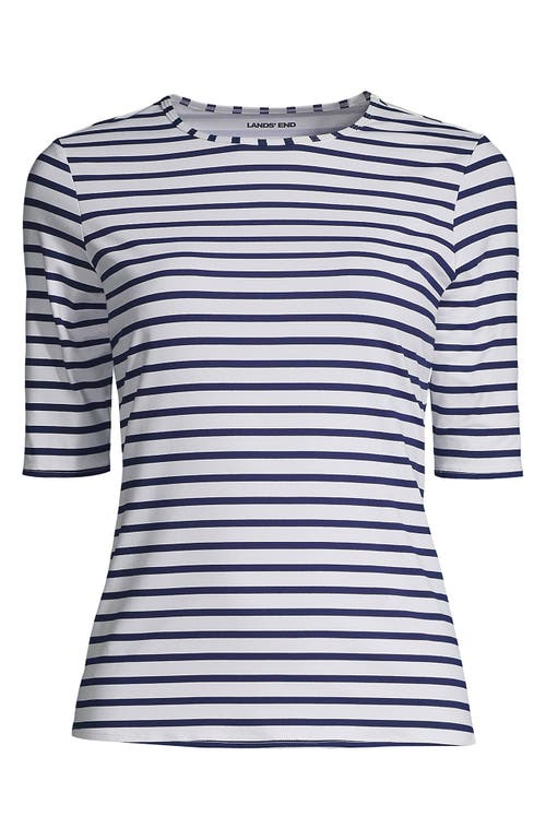 Lands' End Elbow Sleeve Relaxed Upf 50 Rash Guard In White/deep Sea Stripe